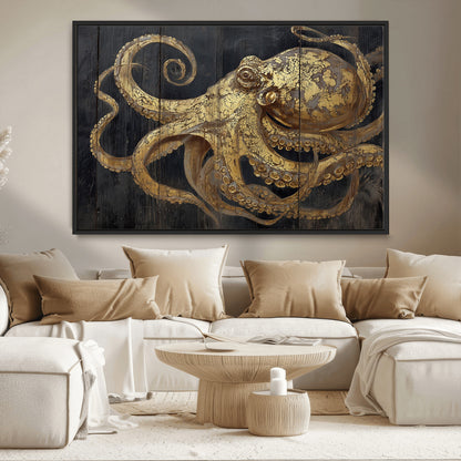 A detailed gold illustration of an octopus on black wooden planks, showing its intricate tentacles and textured skin in an artistic style.
