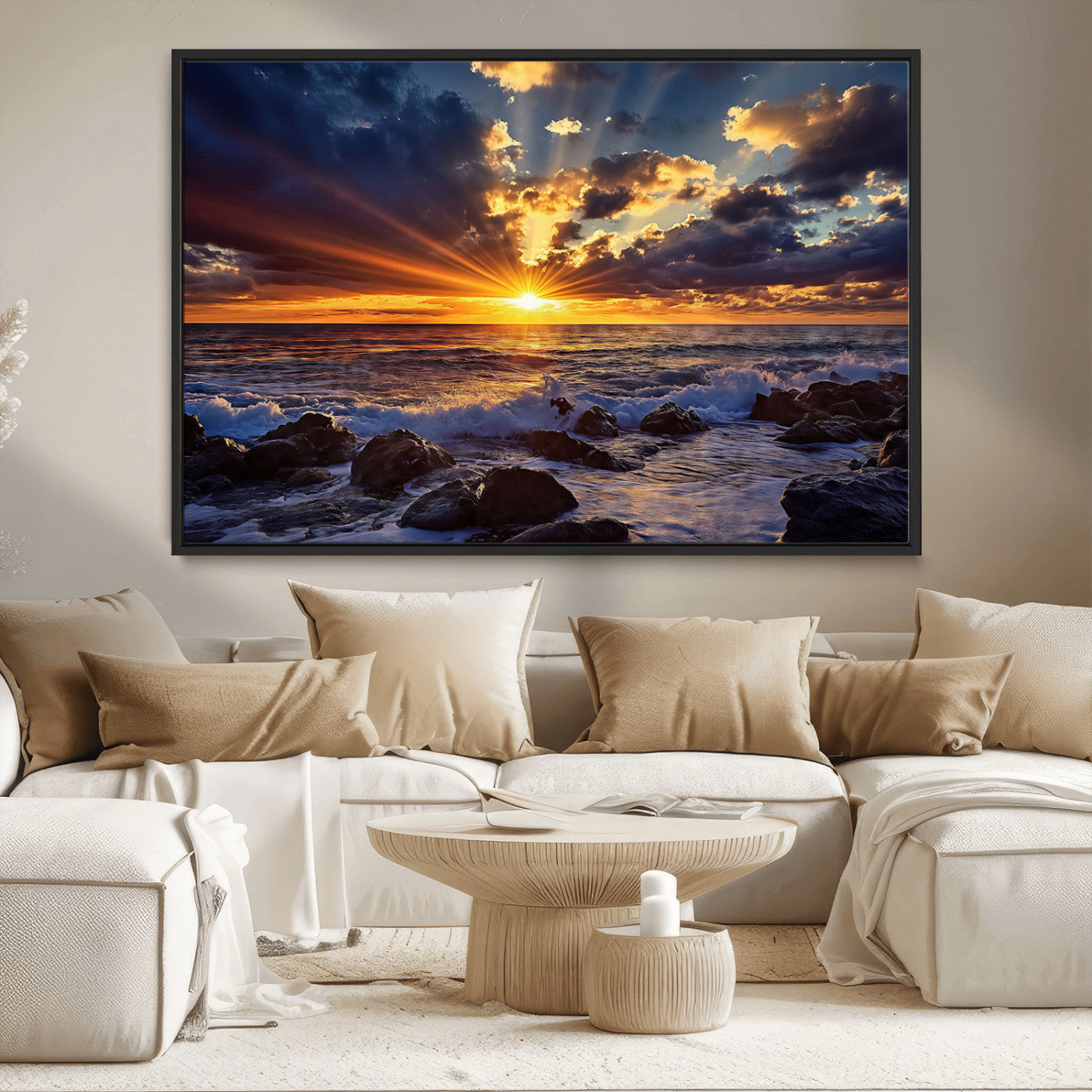 An explosive sunset over the ocean with dramatic clouds and rays of sunlight reflecting off the water, creating a vibrant and captivating view.