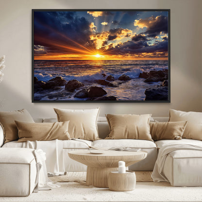 An explosive sunset over the ocean with dramatic clouds and rays of sunlight reflecting off the water, creating a vibrant and captivating view.