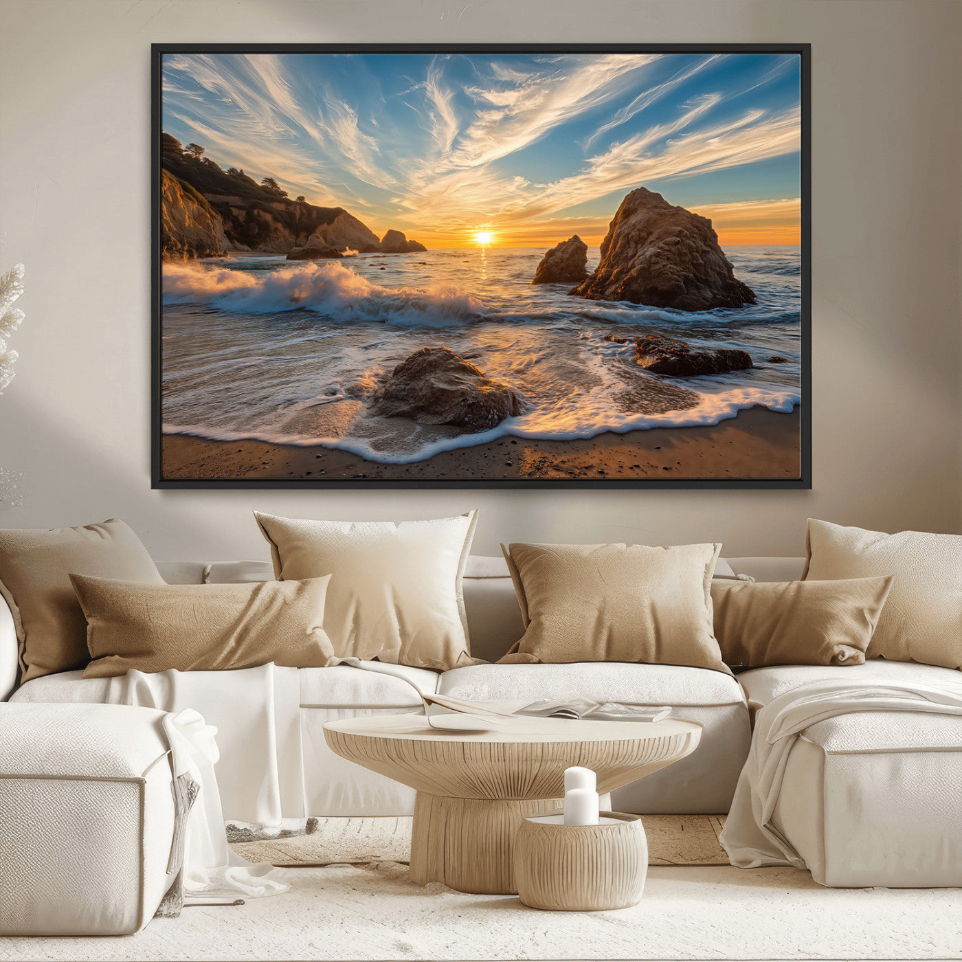 Rocky Ocean Sunset Wall Art Print, Seaside Canvas Wall Art, Dramatic Seascape Canvas Print for Coastal Modern Decor, Ocean Sunset Art Printing