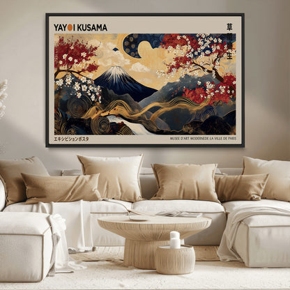 Yayoi Kusama's artwork featuring Mount Fuji, blooming cherry trees, and intricate swirls, blending traditional Japanese elements with vibrant color.