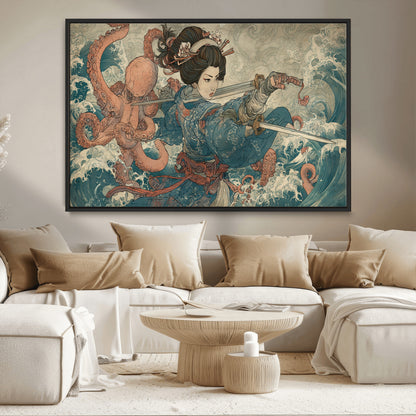 Tsukioka Yoshitoshi Samurai Wall Art Print, Japanese Katana Warrior Canvas Wall Art, Octopus Sea Monster Canvas Print,
