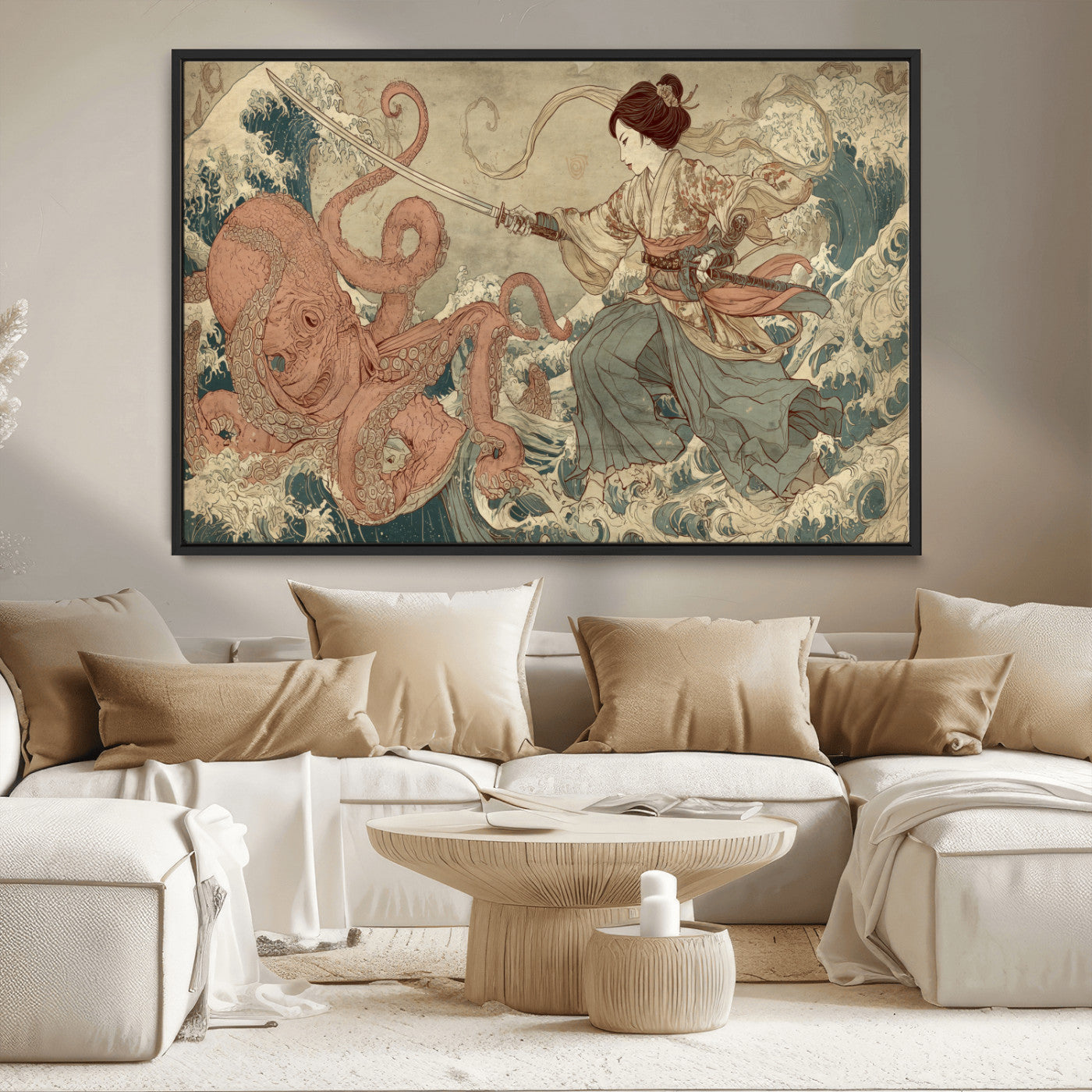 Tsukioka Yoshitoshi Samurai Wall Art Print, Japanese Katana Warrior Canvas Wall Art, Octopus Sea Monster Canvas Print,