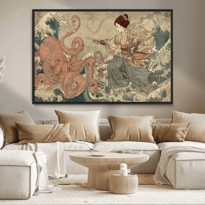 Tsukioka Yoshitoshi Samurai Wall Art Print, Japanese Katana Warrior Canvas Wall Art, Octopus Sea Monster Canvas Print,