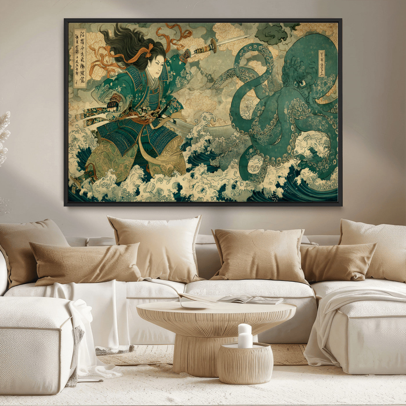 Tsukioka Yoshitoshi Samurai Wall Art Print, Japanese Katana Warrior Canvas Wall Art, Octopus Sea Monster Canvas Print,