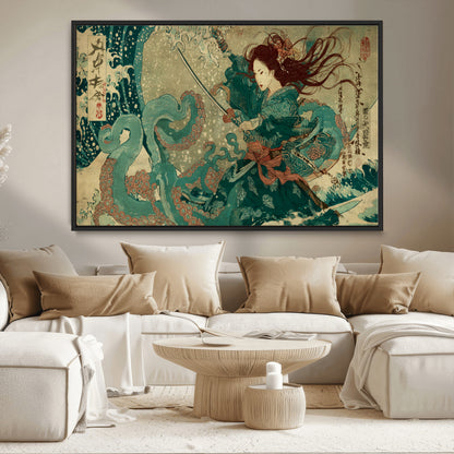 Tsukioka Yoshitoshi Samurai Wall Art Print, Japanese Katana Warrior Canvas Wall Art, Octopus Sea Monster Canvas Print,