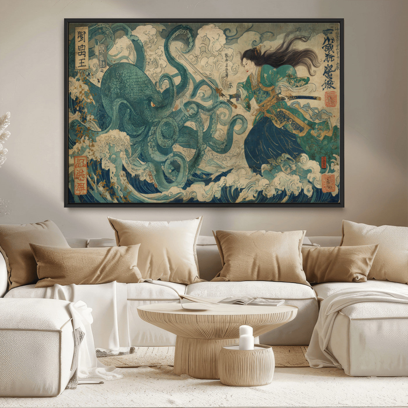 Tsukioka Yoshitoshi Samurai Wall Art Print, Japanese Katana Warrior Canvas Wall Art, Octopus Sea Monster Canvas Print,