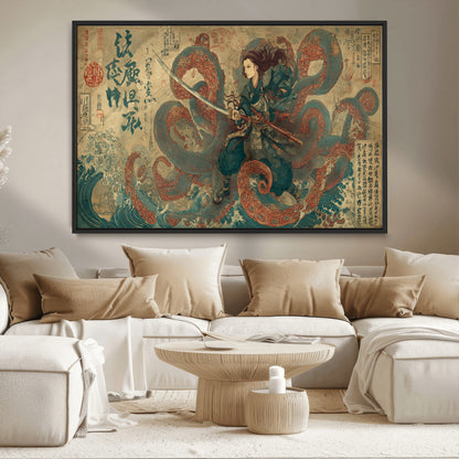 Tsukioka Yoshitoshi Samurai Wall Art Print, Japanese Katana Warrior Canvas Wall Art, Octopus Sea Monster Canvas Print,