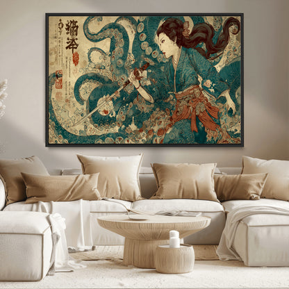 Tsukioka Yoshitoshi Samurai Wall Art Print, Japanese Katana Warrior Canvas Wall Art, Octopus Sea Monster Canvas Print,