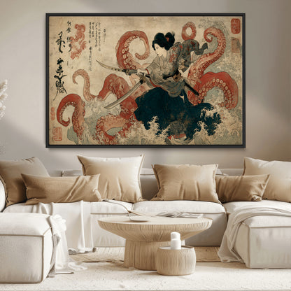 Tsukioka Yoshitoshi Samurai Wall Art Print, Japanese Katana Warrior Canvas Wall Art, Octopus Sea Monster Canvas Print,