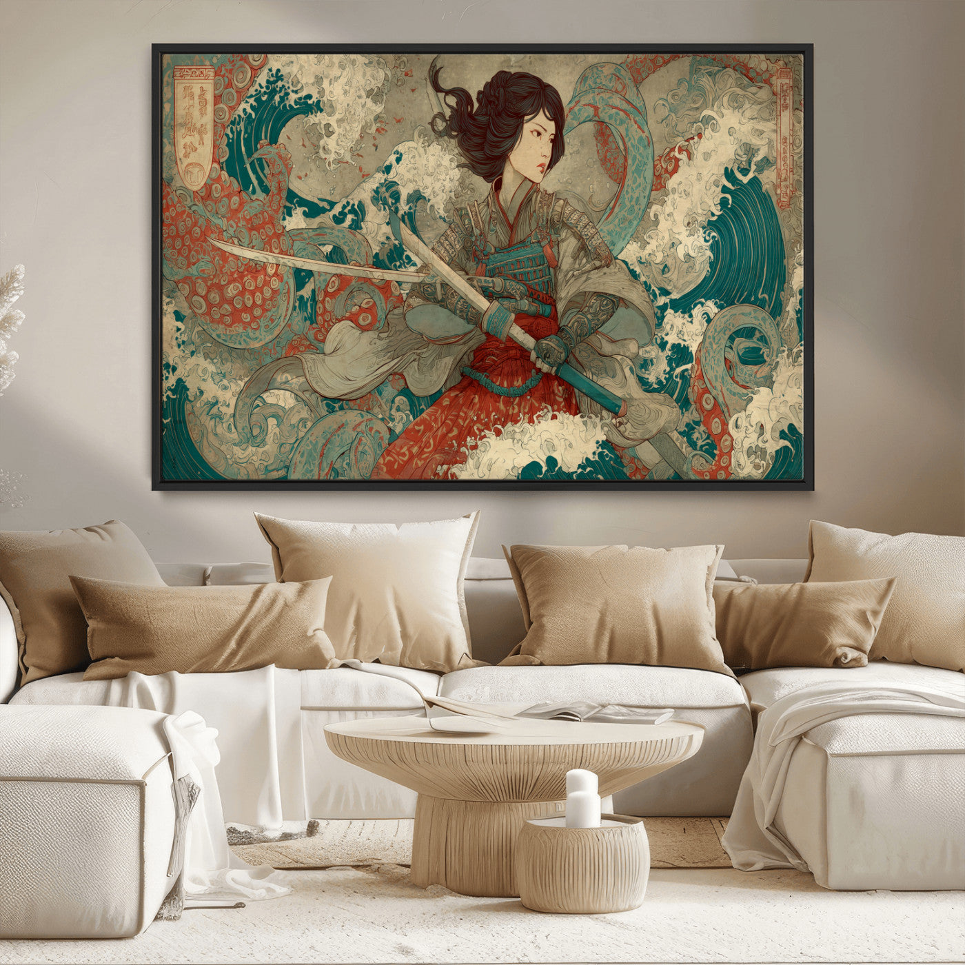 Tsukioka Yoshitoshi Samurai Wall Art Print, Japanese Katana Warrior Canvas Wall Art, Octopus Sea Monster Canvas Print,