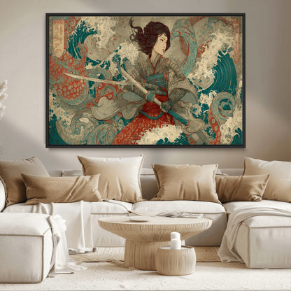 Tsukioka Yoshitoshi Samurai Wall Art Print, Japanese Katana Warrior Canvas Wall Art, Octopus Sea Monster Canvas Print,