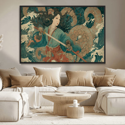 Tsukioka Yoshitoshi Samurai Wall Art Print, Japanese Katana Warrior Canvas Wall Art, Octopus Sea Monster Canvas Print,