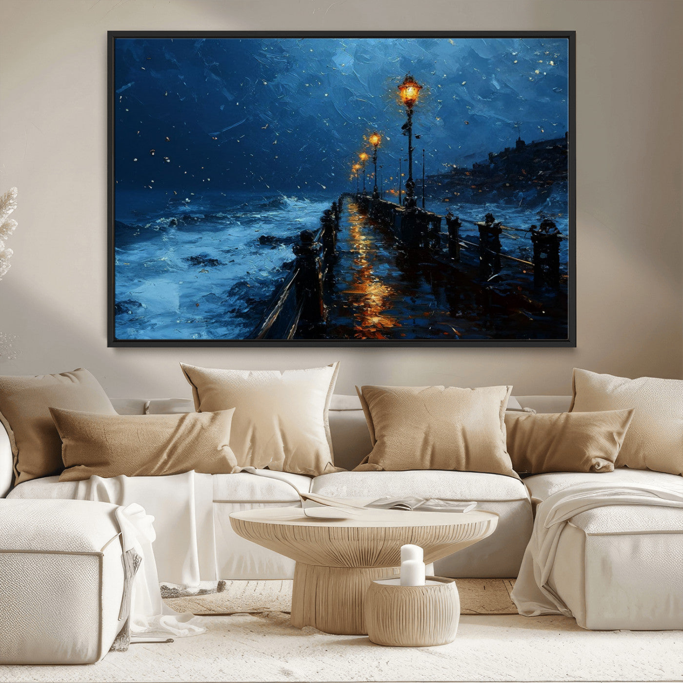 "Impressionistic painting of a rainy pier at night with glowing street lamps reflecting on the wet surface, ocean waves crashing under a dark blue sky."