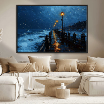 "Impressionistic painting of a rainy pier at night with glowing street lamps reflecting on the wet surface, ocean waves crashing under a dark blue sky."