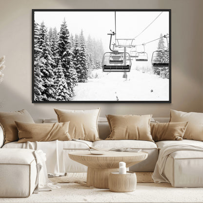 Black and white canvas of empty ski lifts over a snowy pine forest, perfect for minimal winter or ski lodge-inspired decor.