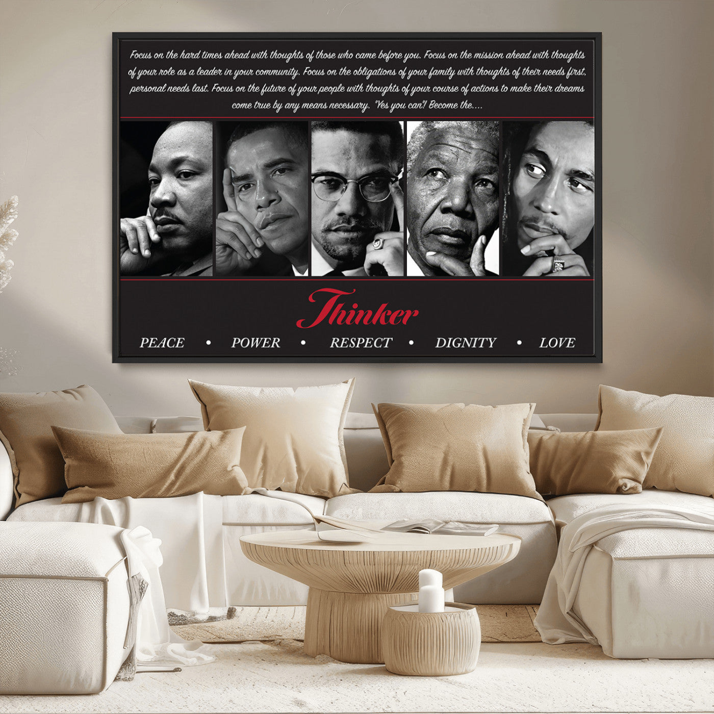 Monochrome canvas of iconic Black leaders with a powerful quote, perfect for modern spaces with a cultural or motivational theme.