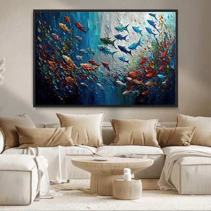 Colorful painting of fish swimming in abstract ocean swirls, perfect for vibrant marine-themed or expressive coastal home decor.
