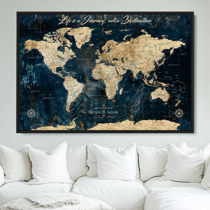 23551206-MGV-FC-36X24_Black-Old Style World Map with Push Pins – Framed Canvas Print for Wall, Track Past and Future Adventures in a Decorative Way - H15