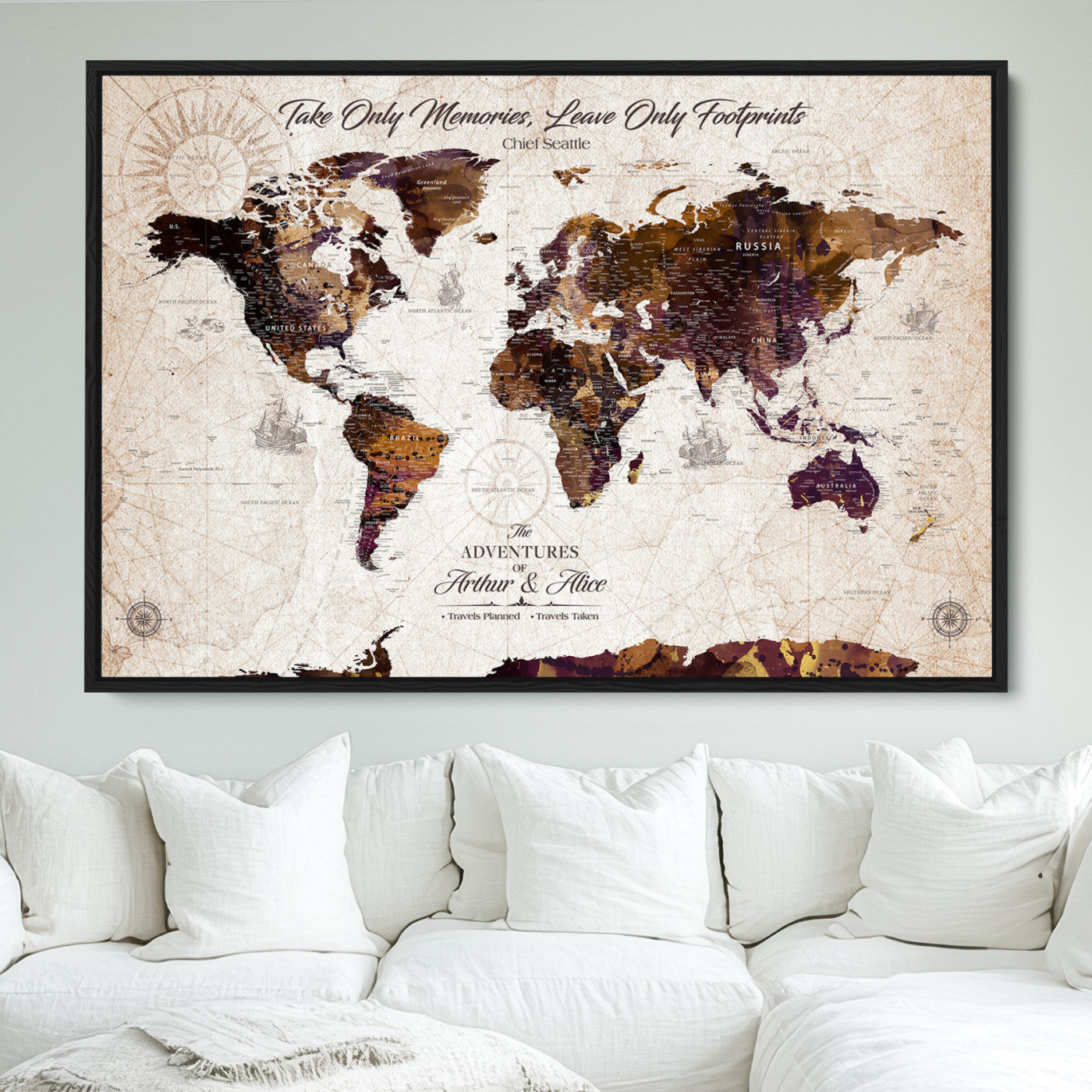64869039-MGV-FC-36X24_Black-Custom Push Pin World Map Wall Canvas Print – Personalized Travel Tracker with Pins – Framed Large Multi-Size Canvas for Home Office Decor - H29