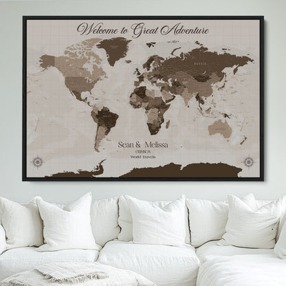 49871705-MGV-FC-36X24_Black-Push Pin Customize World Map Wall Canvas Print – Personalized Travel Tracker with Pins – Custom Wall Art Canvas for Home Office Decor