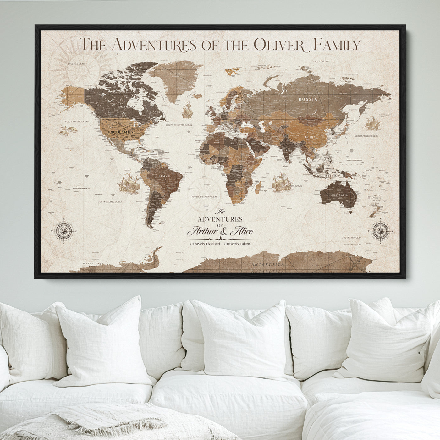 84483613-MGV-FC-36X24_Black-Custom Push Pin World Map Wall Canvas Print – Personalized Travel Tracker with Pins – Framed Large Multi-Size Canvas for Home Office Decor