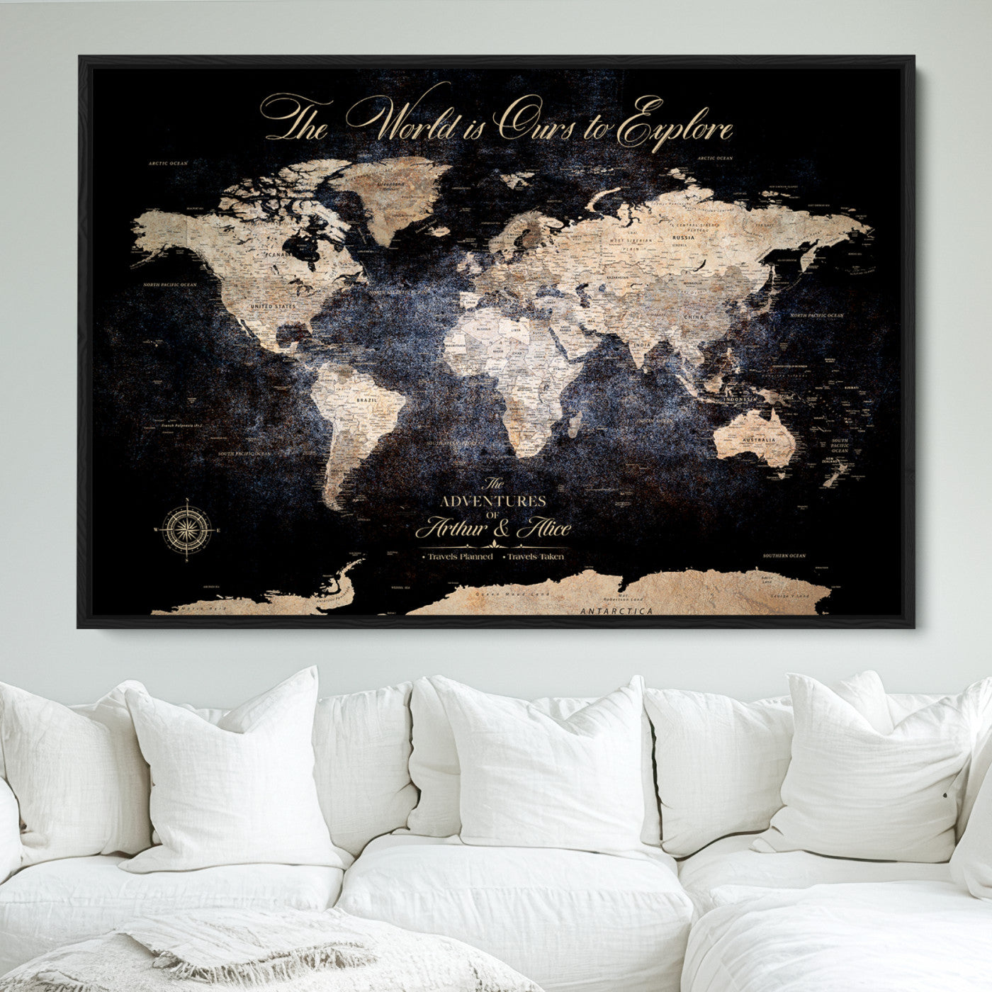 '-Customize Push Pin World Map Wall Canvas Print, Personalized Travel Tracker with Pins, Framed Large Canvas for Home Office Decor - H37