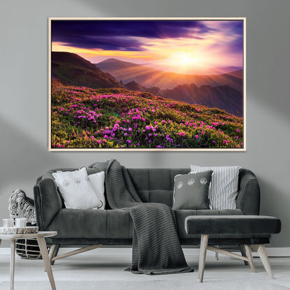 -Mountain Sunrise Wall Art – Vibrant Floral Landscape Canvas Print, Nature Home Decor for Living Room, Bedroom Office or Cabin