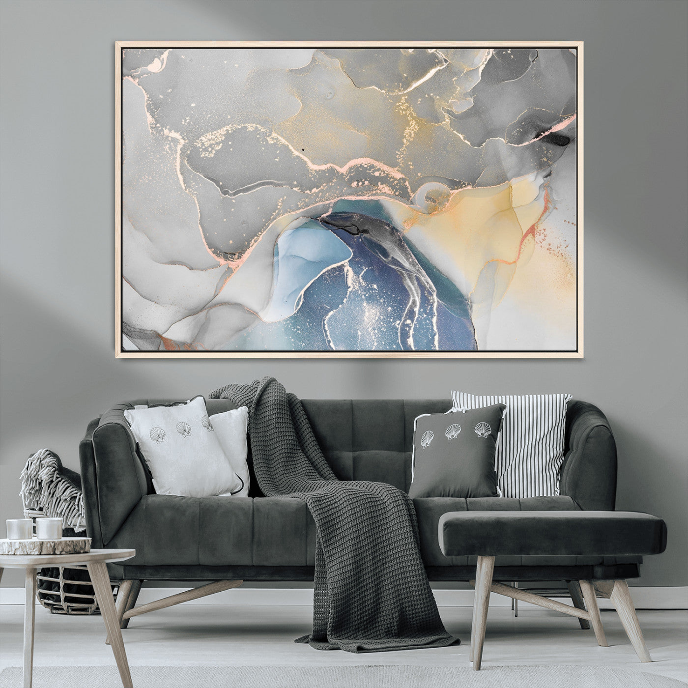-Abstract Fluid Art Wall Decor – Blue, Gray & Gold Canvas Print, Modern Home and Office Wall Art Decor for Living Room, Bedroom or Workspace