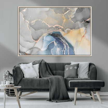 -Abstract Fluid Art Wall Decor – Blue, Gray & Gold Canvas Print, Modern Home and Office Wall Art Decor for Living Room, Bedroom or Workspace