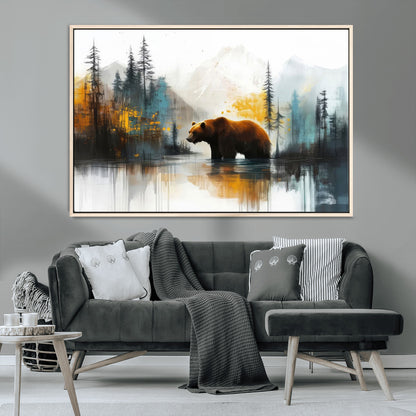 A majestic bear stands by the serene waters of a misty forest, surrounded by towering trees and distant mountains, evoking the raw beauty and wild spirit of nature.