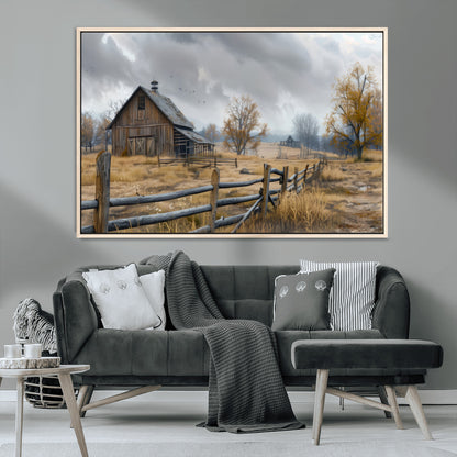 A tranquil rural scene featuring a rustic barn, overcast skies, and golden fields with scattered trees, evoking a sense of peaceful solitude in nature.