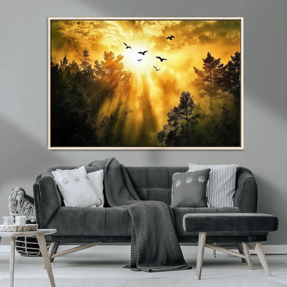 Canvas of a golden forest at sunset with birds flying through glowing sunbeams and silhouetted pine trees, ideal for warm-toned rustic decor.