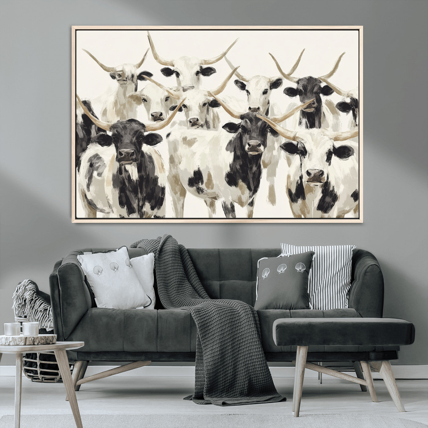 Canvas of a Texas Longhorn cattle herd in neutral black and white tones, ideal for rustic farmhouse or western-themed decor.