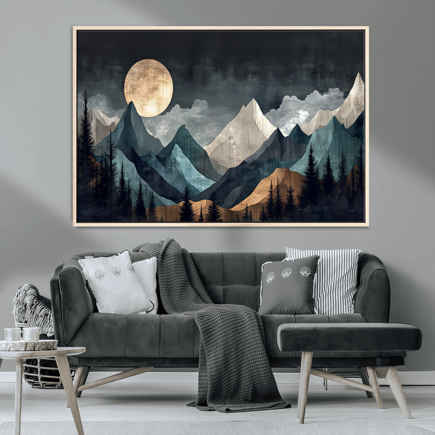 Stylized canvas of layered mountains under a full moon in neutral moody tones, ideal for nature-inspired or modern rustic interiors.