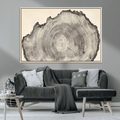 Detailed tree ring drawing in monochrome tones, ideal for rustic or nature-inspired interiors with a minimal decor aesthetic.