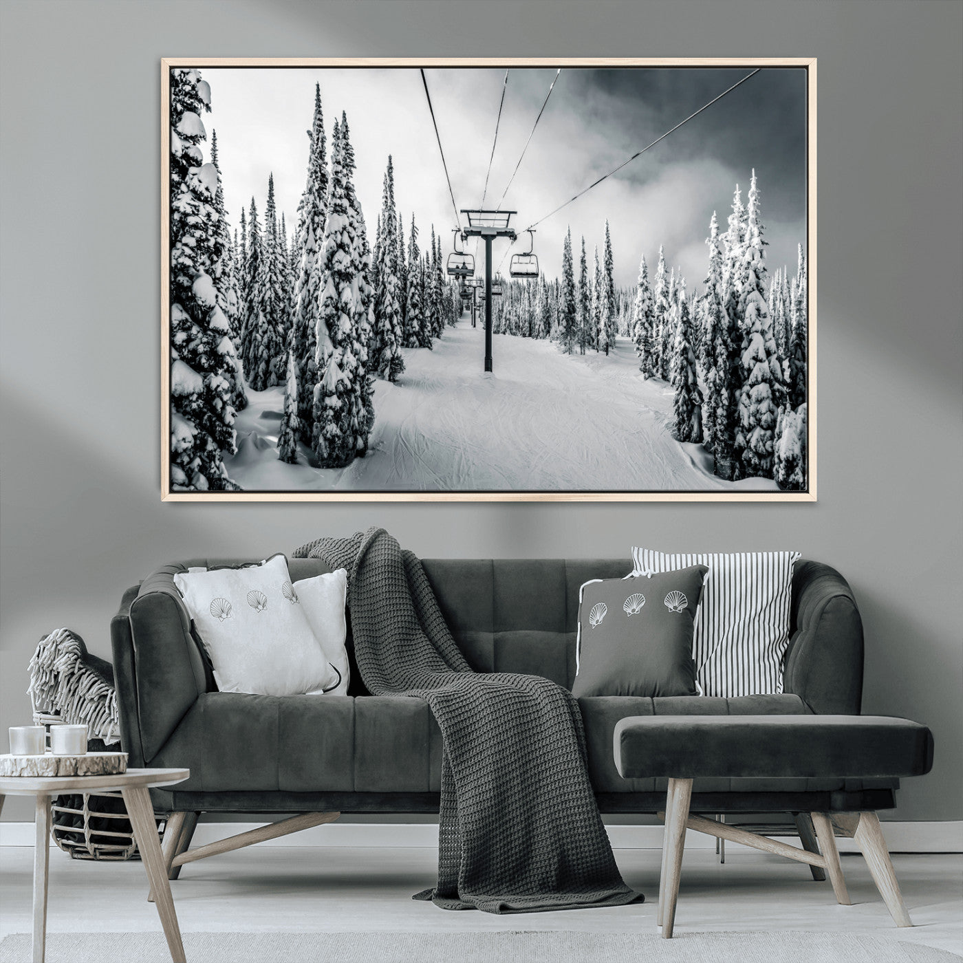Canvas of a snowy ski lift scene through a forest of tall pine trees, ideal for moody winter or alpine-themed home decor.