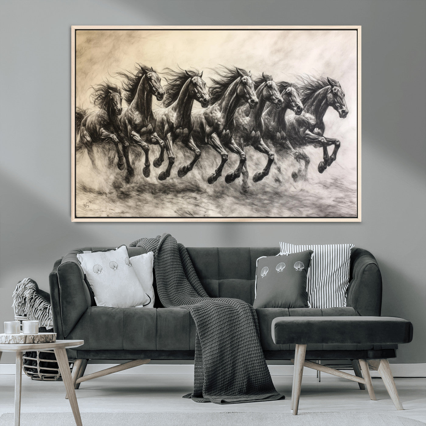 Monochrome drawing of a herd of galloping horses, perfect for dynamic and wild-themed decor in any equestrian or nature-inspired room.