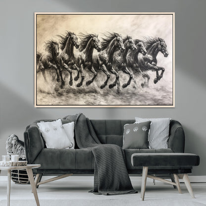 Monochrome drawing of a herd of galloping horses, perfect for dynamic and wild-themed decor in any equestrian or nature-inspired room.
