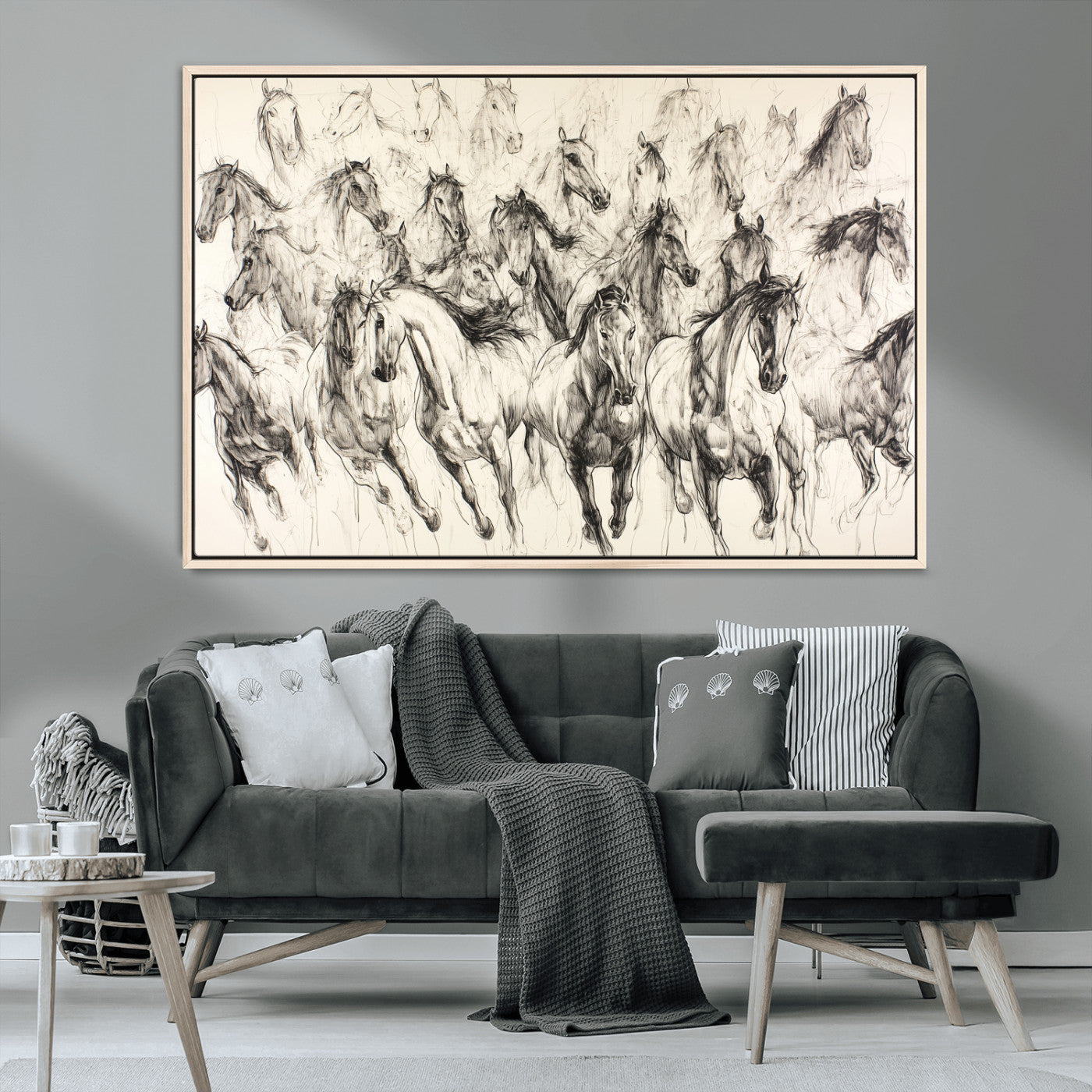 Monochrome ink sketch of galloping horses in dynamic motion, perfect for western or equine-themed wall decor with bold artistic energy.