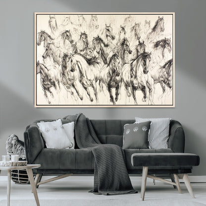Monochrome ink sketch of galloping horses in dynamic motion, perfect for western or equine-themed wall decor with bold artistic energy.