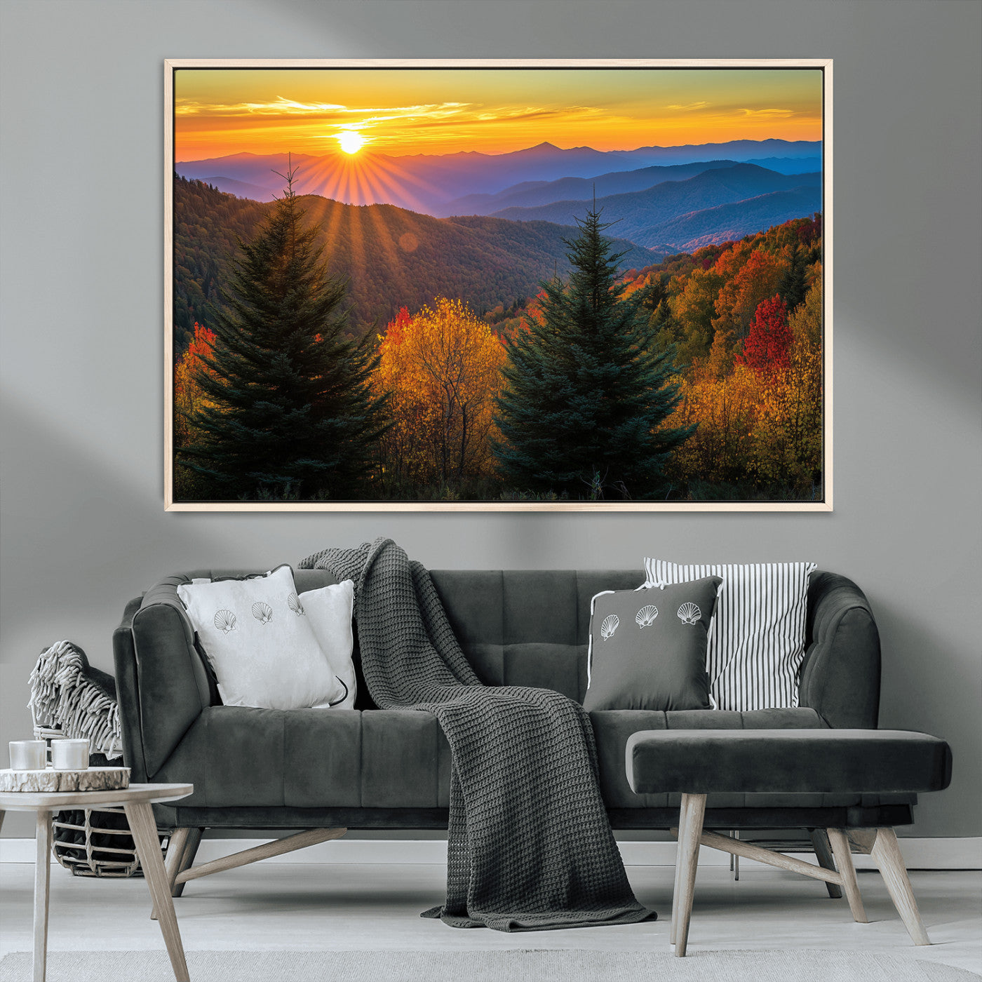 Vibrant sunset over autumn mountains with colorful trees and warm light, ideal for nature lovers or cabin-style wall decor.