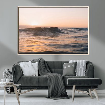 Framed canvas of ocean waves glowing in sunset light, ideal for golden hour calm or peaceful coastal-inspired wall decor.