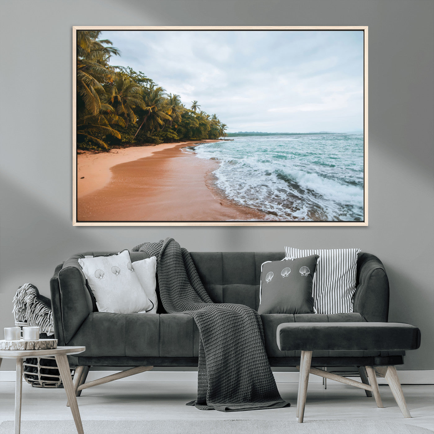 Framed canvas of a tropical beach with palm trees and soft waves, ideal for coastal escape or serene nature-inspired home decor.