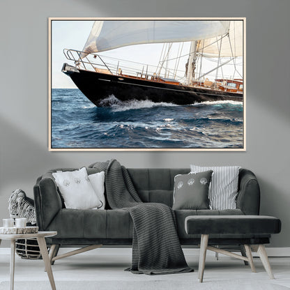 Close-up of a classic sailing yacht with wooden deck and full sails, perfect for nautical or coastal-style decor in ocean-themed spaces.