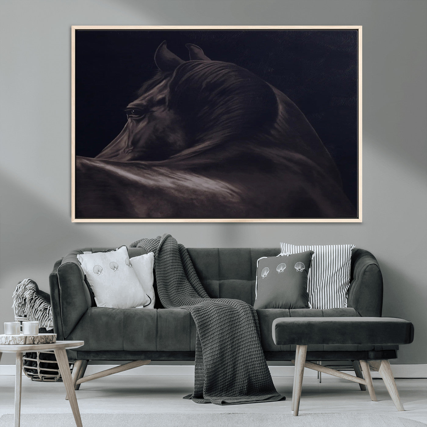 Close-up of a black horse with dramatic lighting on a dark background, perfect for rustic or masculine home decor.