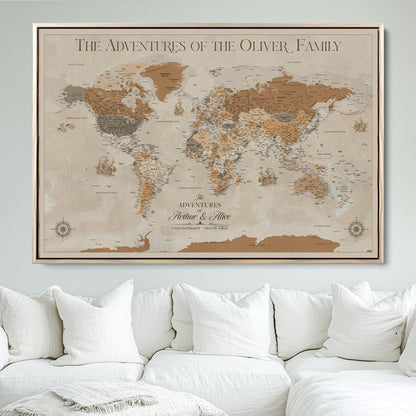 66042608-MGV-FC-36X24_Natural-World Travel Map with Pins – Push Pin Maps of Where I've Been, Framed Wall Map for Travel Memories, Old Style Decorative World Map - H11