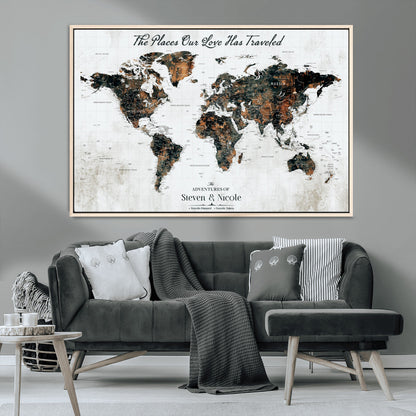 89231588-MGV-CV-36X24-World Travel Map with Pins – Framed Canvas Print to Track Adventures and Create a Visual Travel Journal, Ideal Wall Art for Home - H17