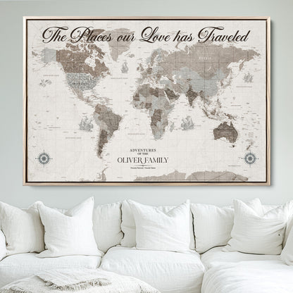 88245481-MGV-CV-36X24-Custom Push Pin World Map Wall Canvas Print – Personalized Travel Tracker with Pins – Framed Large Multi-Size Canvas for Home Office Decor