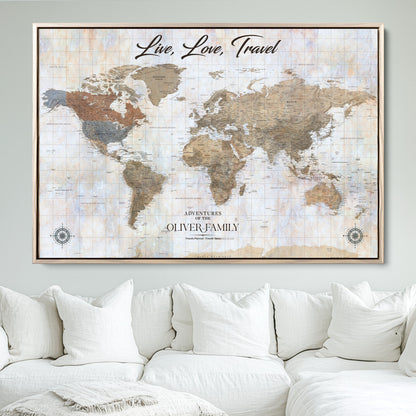 76256172-MGV-CV-36X24-Custom Push Pin World Map Wall Canvas Print – Personalized Travel Tracker with Pins – Framed Large Multi-Size Canvas for Home Office Decor